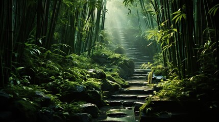  a path through a bamboo forest with a stream running through it.  generative ai
