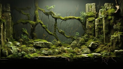  a moss covered wall with rocks and trees in the background.  generative ai