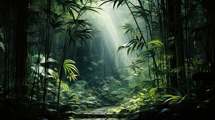  a painting of a path through a jungle with sunbeams.  generative ai