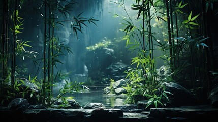  a stream running through a lush green forest filled with bamboo.  generative ai