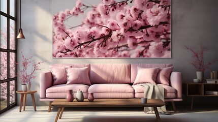  a living room with a pink couch and a painting on the wall.  generative ai