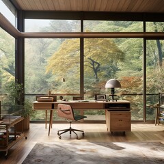 a stylish home office with a mid-century modern desk and large windows