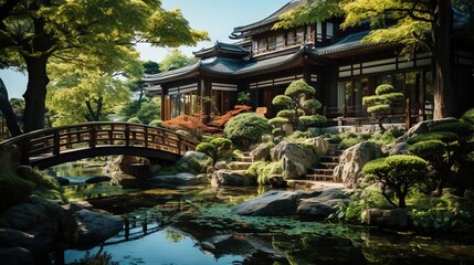 Fototapeta na wymiar a painting of a japanese garden with a bridge over a pond. generative ai