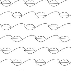 Lips seamless pattern vector. Line continuous drawing. Doodle illustration. Female hand drawn mouth icon. Wallpaper, graphic background, fabric, textile, print, wrapping paper, package design, card.