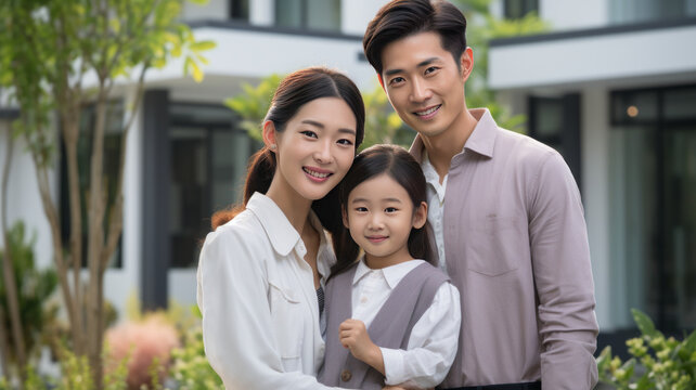 photograph of Asian family portrait in front of the house happy family home concept ,generative ai - Powered by Adobe