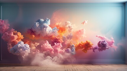  a room with a painting of clouds floating in the air.  generative ai