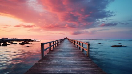Fototapeta na wymiar a long wooden pier extending into the ocean at sunset with a pink sky. generative ai