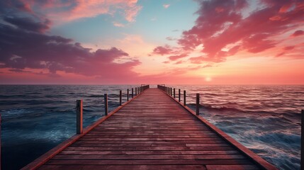  a long pier extending into the ocean with a sunset in the background.  generative ai