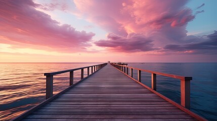  a long wooden pier extending into the ocean under a cloudy sky.  generative ai