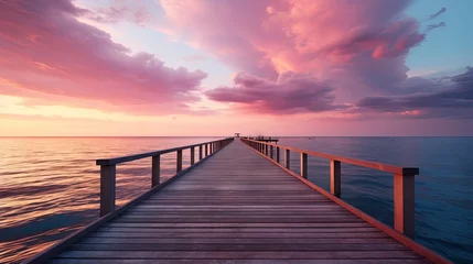 Foto op Plexiglas  a long wooden pier extending into the ocean under a cloudy sky.  generative ai © Jevjenijs