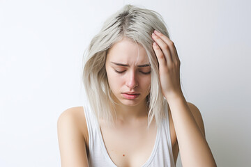 Fototapeta premium A woman with their hands in their hair, looking stressed and frustrated. 