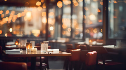 Restaurant ambient with blurred background view outside windows. Cafe with table in clam and warm surrounding. - obrazy, fototapety, plakaty