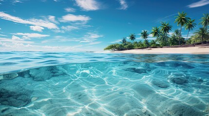  a tropical beach with palm trees and clear blue water in the foreground.  generative ai