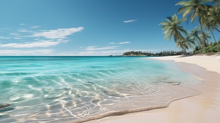  a sandy beach with palm trees and clear blue ocean water.  generative ai