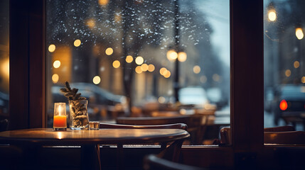 Restaurant ambient with blurred background view outside windows. Cafe with table in clam and warm surrounding. - obrazy, fototapety, plakaty