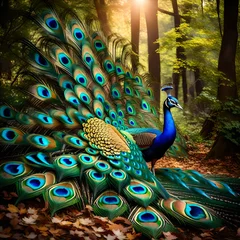Rolgordijnen vibrant peacock with feathers out in forest © Black Bunny