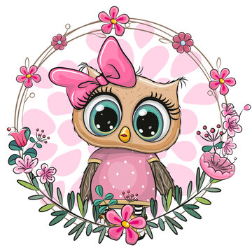Cute Cartoon Owl with pink bow