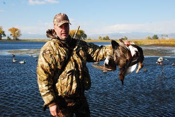 Naklejka premium Waterfowl hunter with ducks