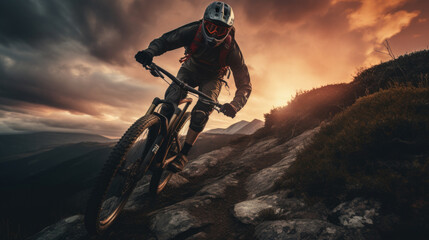 Naklejka premium Cyclist Riding the Bike Down the Rock at Sunrise in the Beautiful Mountains on the Background. Extreme Sport and Enduro Biking Concept.