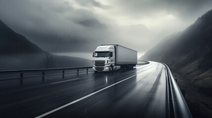 Truck with container on highway, cargo transportation concept. Shaving effect.