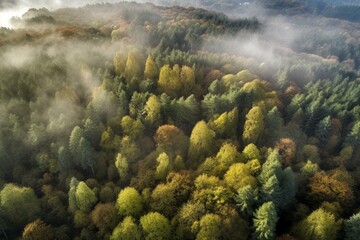 Aerial view of misty woodland with tall trees in the backdrop. Generative AI