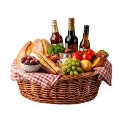 Obraz na płótnie Canvas Picnic basket with fruit, bread and wine isolated on white background