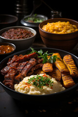 Fototapeta premium Big plate with eggs, vegetables, meet, healthy breakfast. AI Generative
