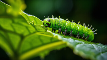 Caterpillar eating green leaf macro view