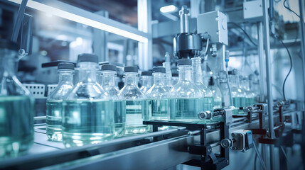 Pharmaceutical manufacturing equipment and bottles on production line