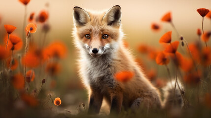 Fox in a field of red poppies 