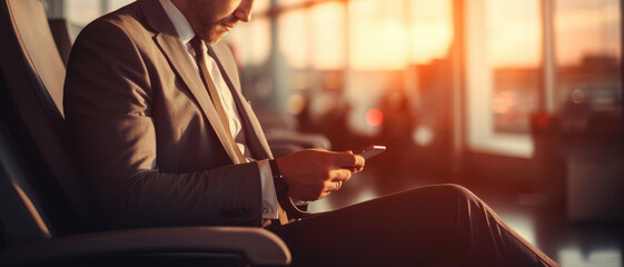 Business man using mobile phone to book plane ticket through online application, sitting on travel checking travel time on board at airport, travel, payment, due, booking, online, check in