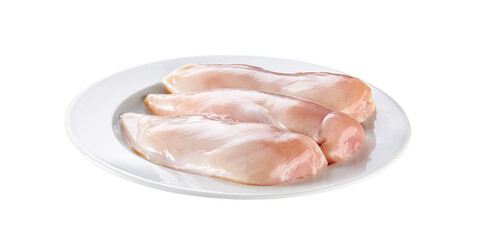 Three pieces of fresh fillet on a plate isolated on white background.Raw chicken fillet.