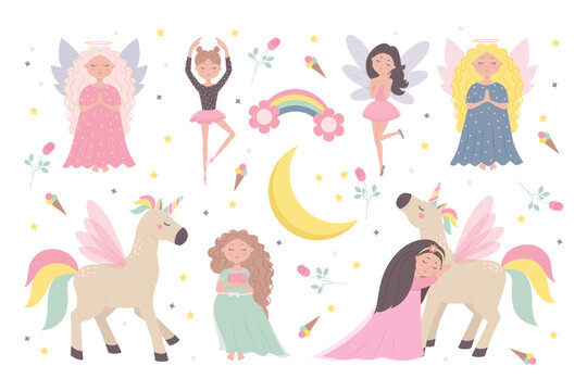 Cute ballerina fairies and angels in naive child style, unicorn and princess set vector cartoon characters illustration isolated.