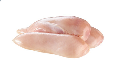 a pile chicken breast meat is isolated on a white background.