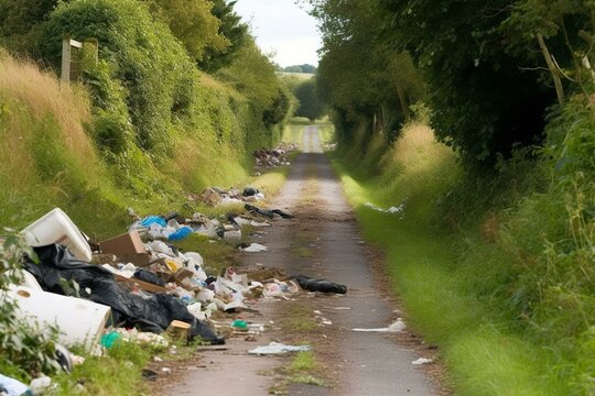 illegal rubbish dumping in UK country road. Generative AI