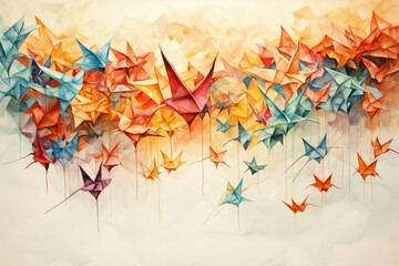 Watercolor painting of multiple origami cranes. Generative AI