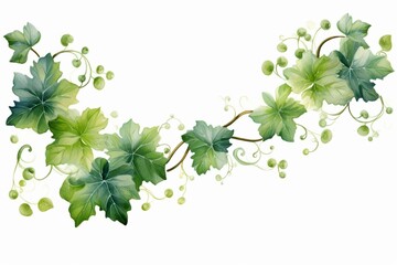 A watercolor border with transparent leaves of ivy and fresh grape foliage, isolated on white. Generative AI - obrazy, fototapety, plakaty