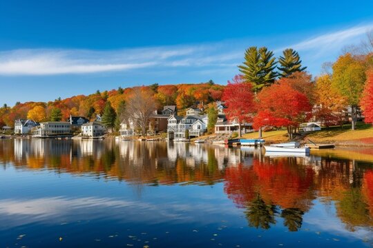 Autumn scenery of Meredith Bay in the historic town of Meredith, NH, USA. Generative AI