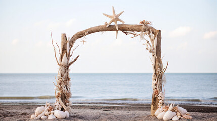 Fototapeta premium Beach wedding arch crafted from driftwood and seashells