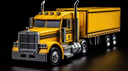 Miniature toy truck with a rugged and muscular design, featuring large wheels and a sturdy frame. Intricate details, realistic headlights, and grille. Black background enhances its appeal. Perfect fo