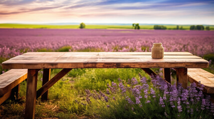 Wooden table in lavender field