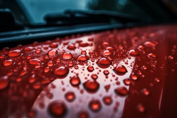 Water beads on red car paint after rain. Hydrophobic effect and water drops on metal surface. Generative AI