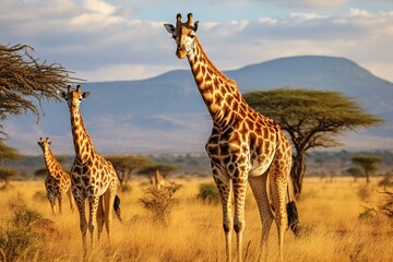 Giraffes feed in Serengeti National Park, Tanzania. Generative AI