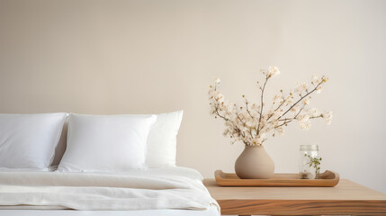 frame photo interior mockup in boho style, small indoor plant, white bedroom, Generative AI