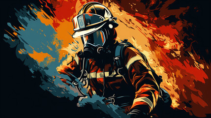 Fototapeta premium Firefighter fighting fire in protective gear illustration