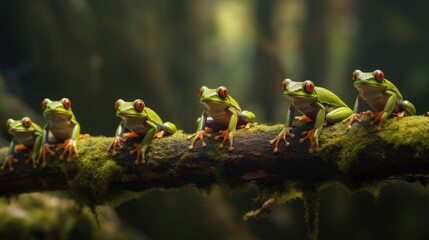 a row of frogs on a mossy green branch