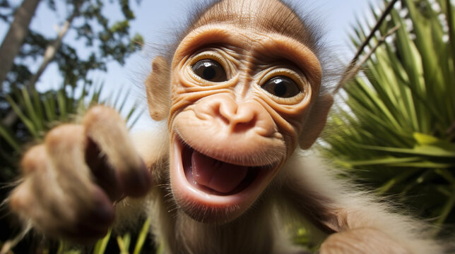 Cute baby monkey selfie with fisheye lens style