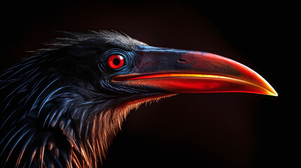Fototapeta premium Bird beak with glowing red eyes on a black background