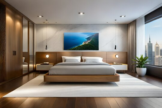 Modern master bedroom interior with picture of shipwreck on the wall
