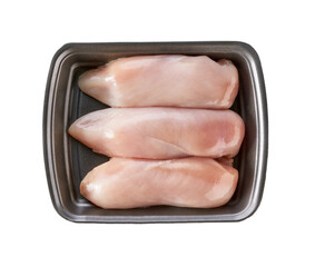 Three pieces of raw chicken fillet in a grey plastic container. Meat of poultry in tray, isolated on white background. Top view